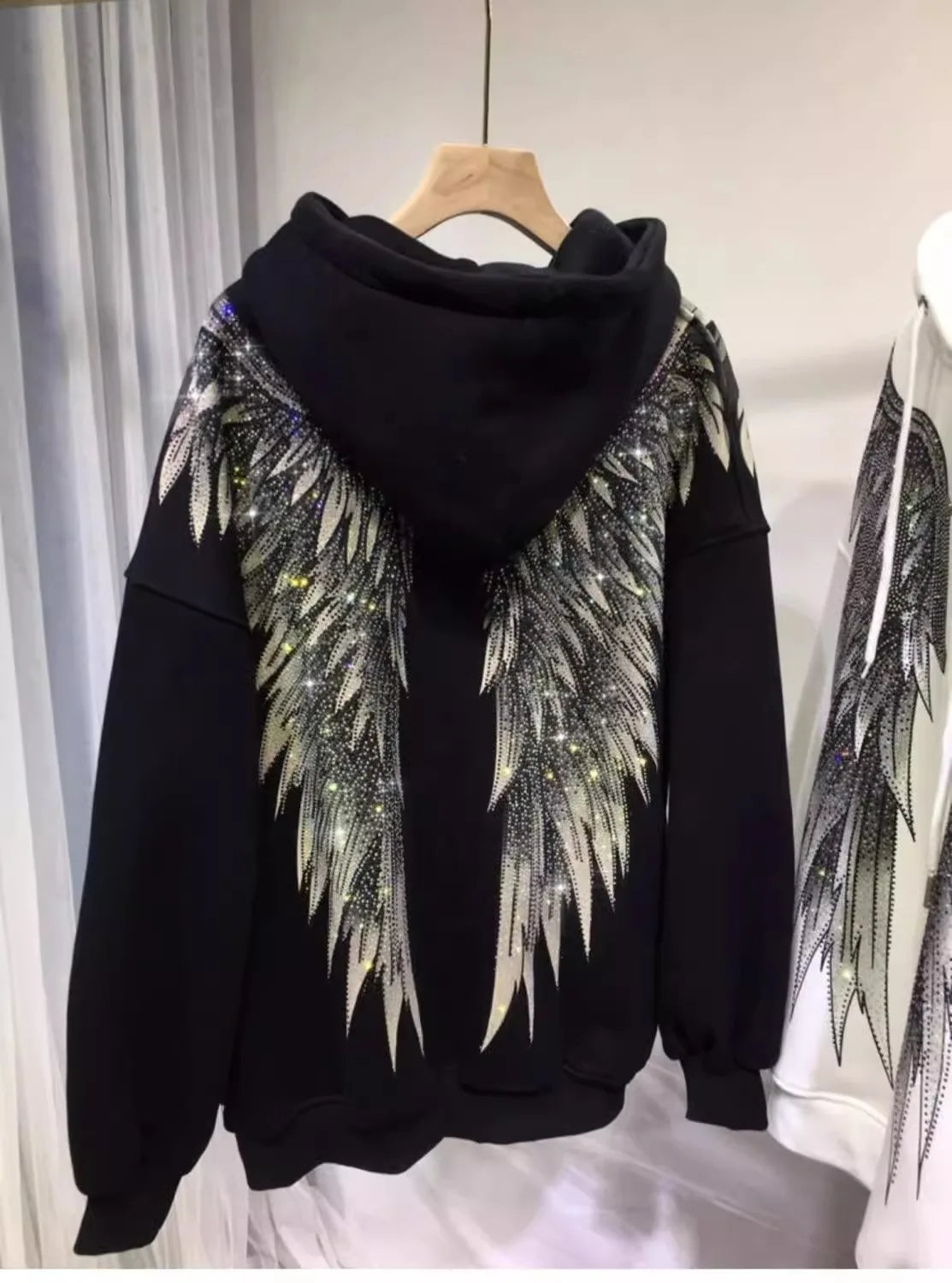 Plus Size Rhinestone Wing Luxury Zip Up Hoodies for Women Men Winter