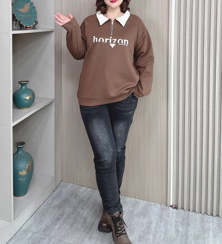 New Plus Size Loose Casual Lapel Top Printed Sweatshirt