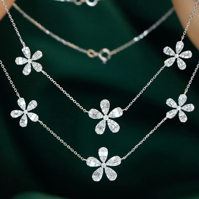 White Gold Real Diamonds 0.65ct Luxury Flower Necklace Gifted For Women