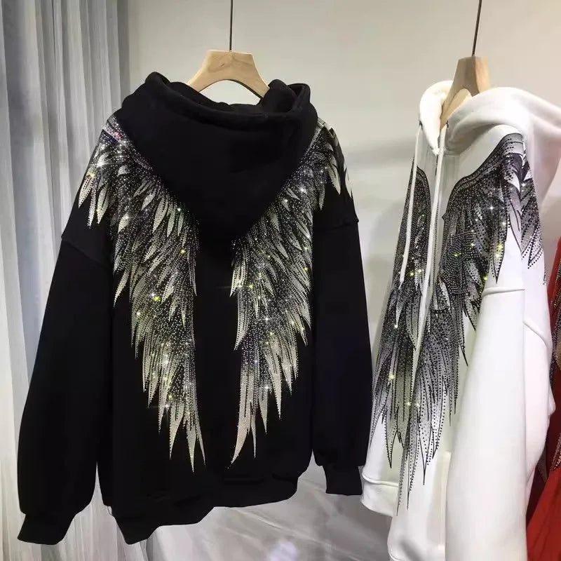 Plus Size Rhinestone Wing Luxury Zip Up Hoodies for Women Men Winter