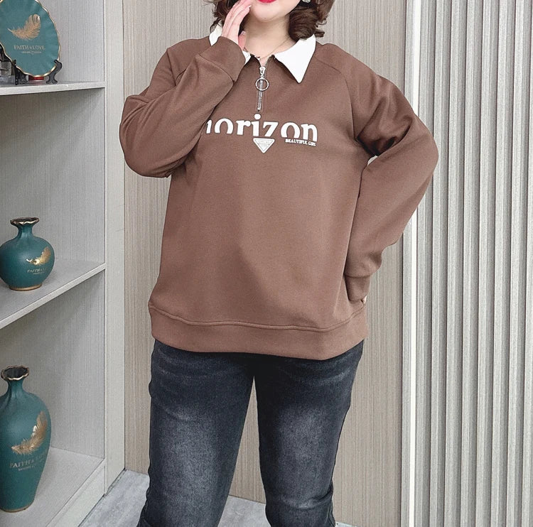 New Plus Size Loose Casual Lapel Top Printed Sweatshirt