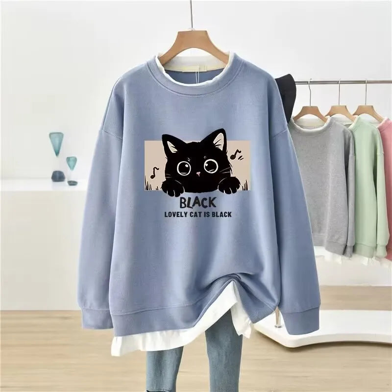 Cartoon Printed Hoodies Women O-Neck Pullovers