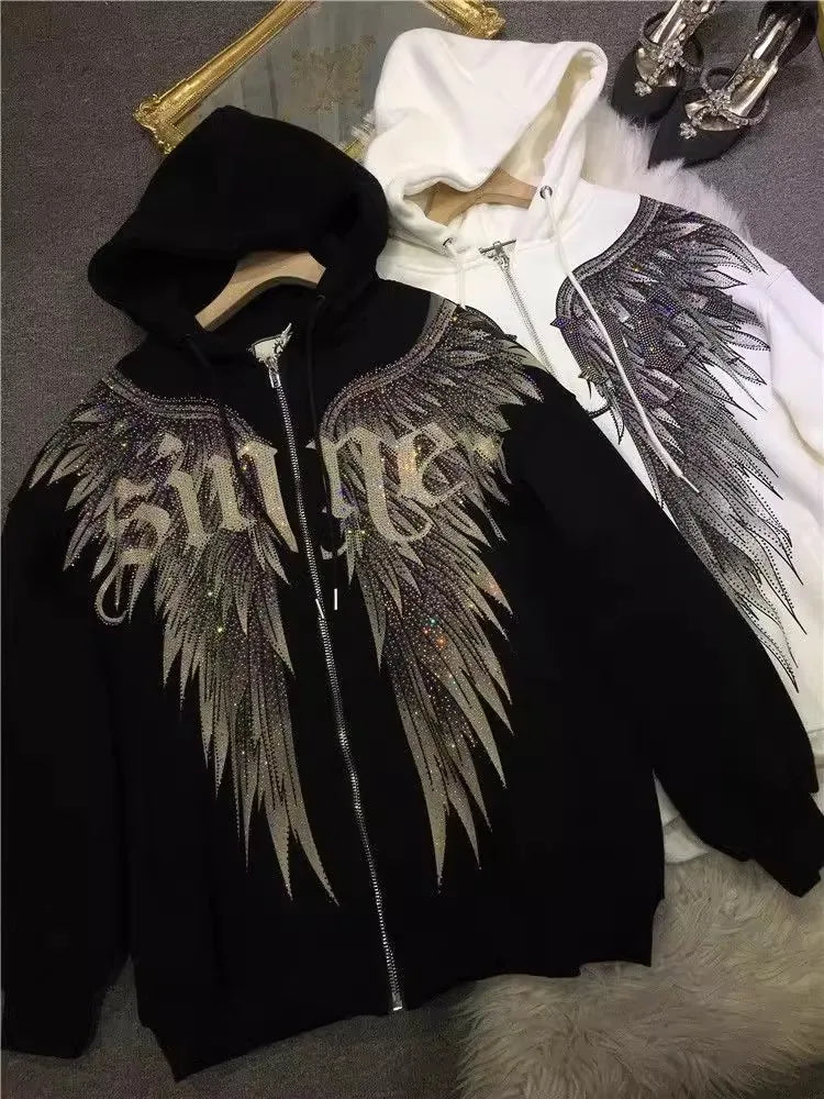 Plus Size Rhinestone Wing Luxury Zip Up Hoodies for Women Men Winter