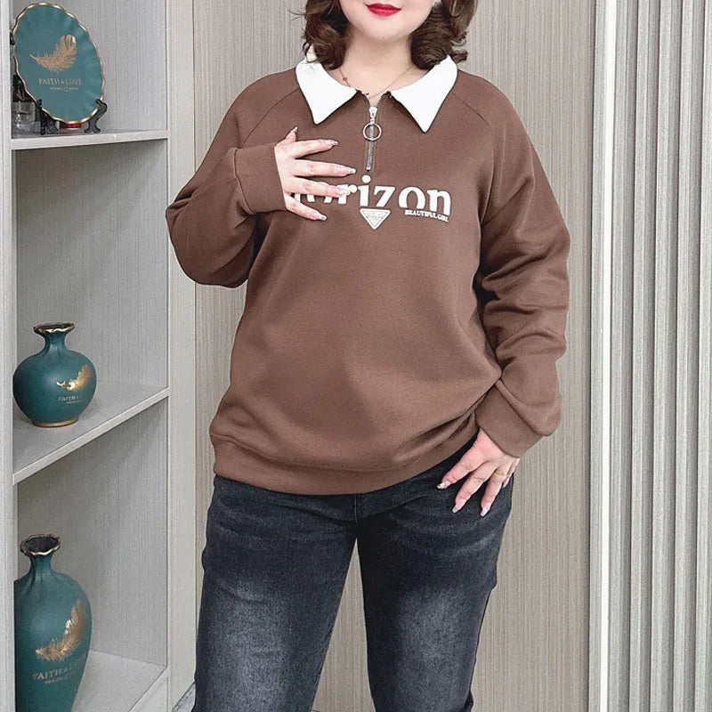 New Plus Size Loose Casual Lapel Top Printed Sweatshirt