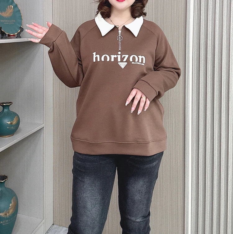 New Plus Size Loose Casual Lapel Top Printed Sweatshirt