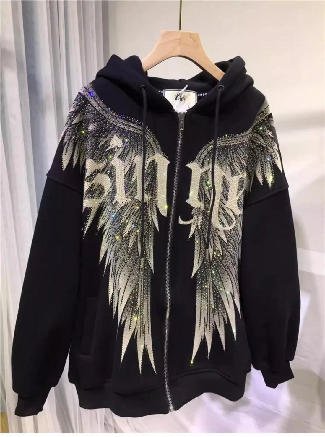 Plus Size Rhinestone Wing Luxury Zip Up Hoodies for Women Men Winter