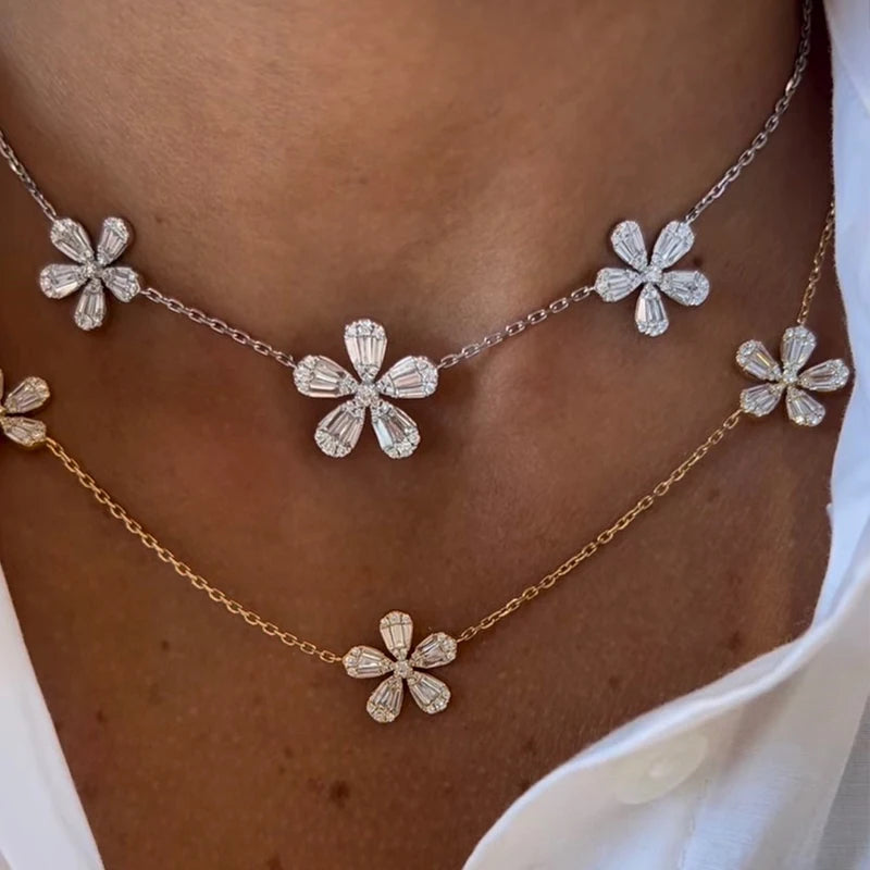 White Gold Real Diamonds 0.65ct Luxury Flower Necklace Gifted For Women