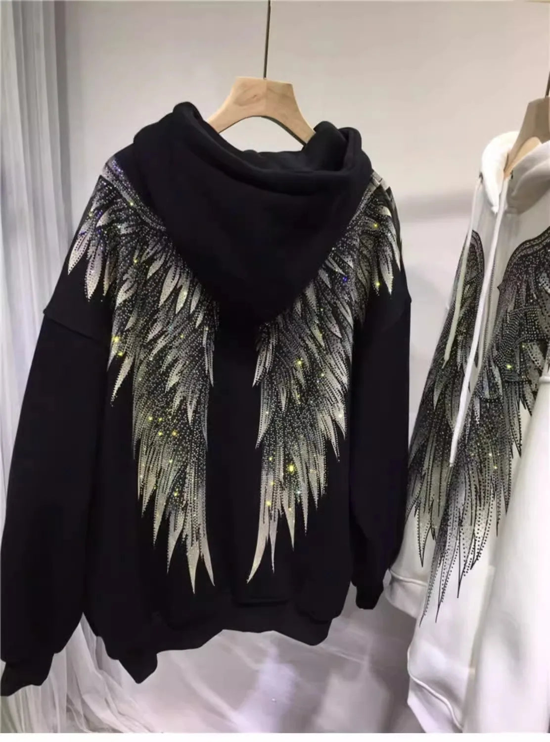 Plus Size Rhinestone Wing Luxury Zip Up Hoodies for Women Men Winter