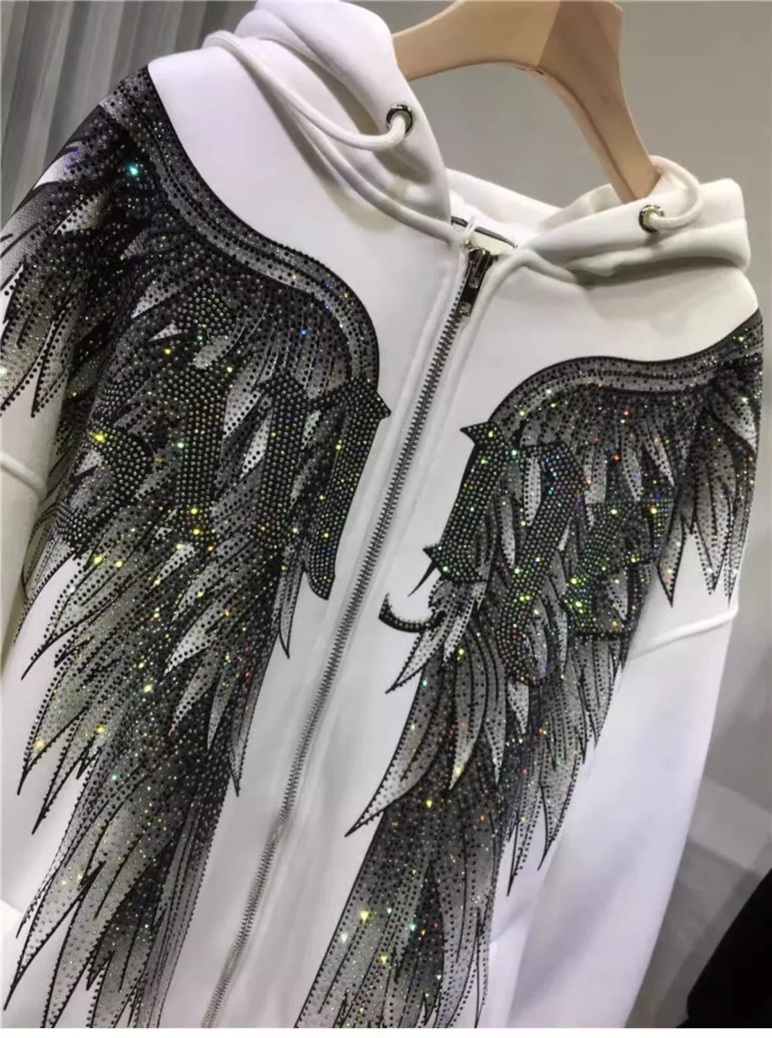 Plus Size Rhinestone Wing Luxury Zip Up Hoodies for Women Men Winter