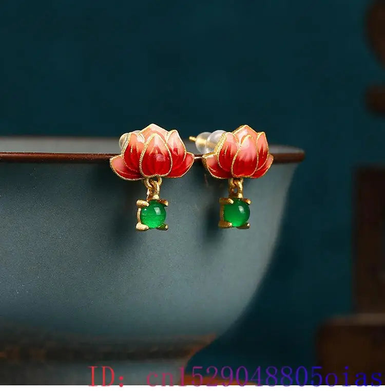 Green Real Jade Lotus Earrings Stone Women Gift Ear Studs