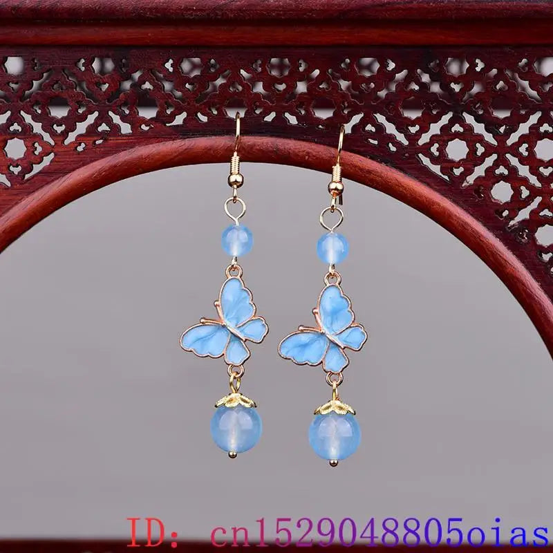 Real Jade Butterfly Earrings Fashion 925 Silver Vintage Stone