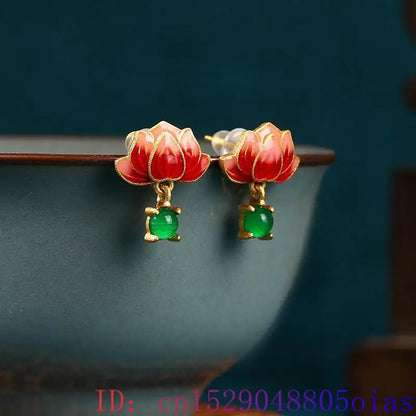 Green Real Jade Lotus Earrings Stone Women Gift Ear Studs