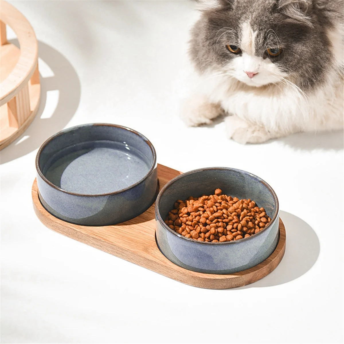 Ceramic Pet Bowl with Neck Protective Collar Anti-Collision Wooden