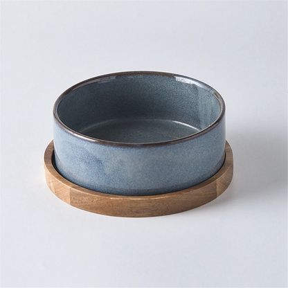 Ceramic Pet Bowl with Neck Protective Collar Anti-Collision Wooden