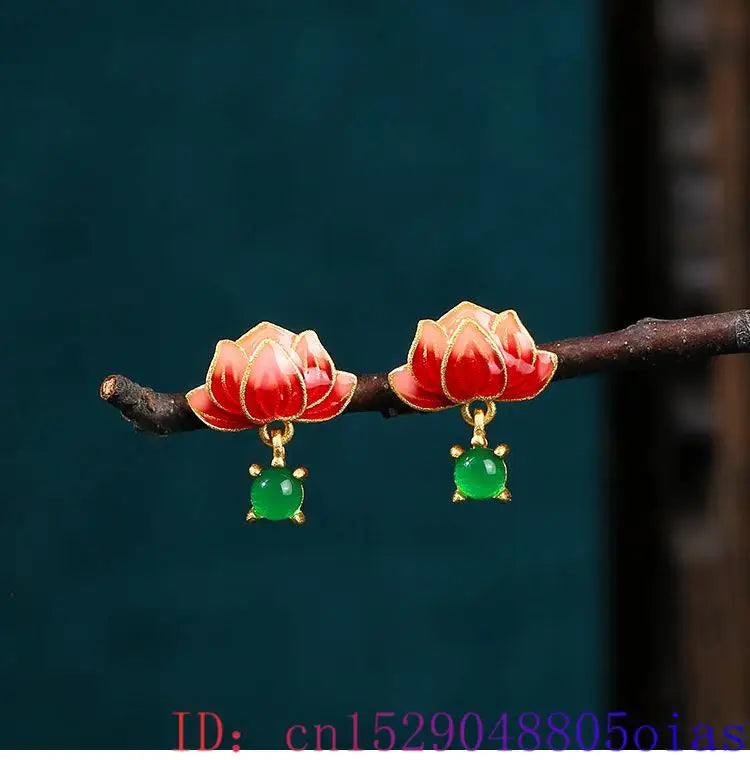 Green Real Jade Lotus Earrings Stone Women Gift Ear Studs