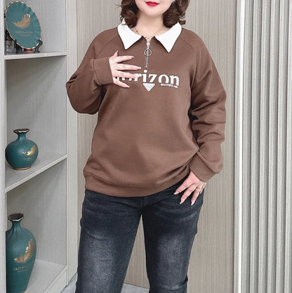 New Plus Size Loose Casual Lapel Top Printed Sweatshirt