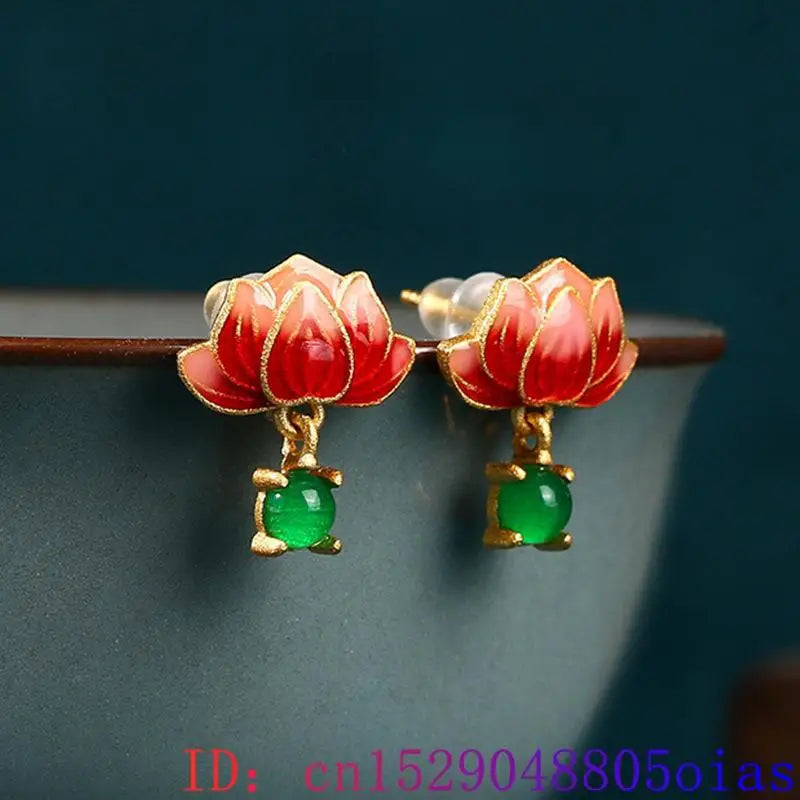 Green Real Jade Lotus Earrings Stone Women Gift Ear Studs